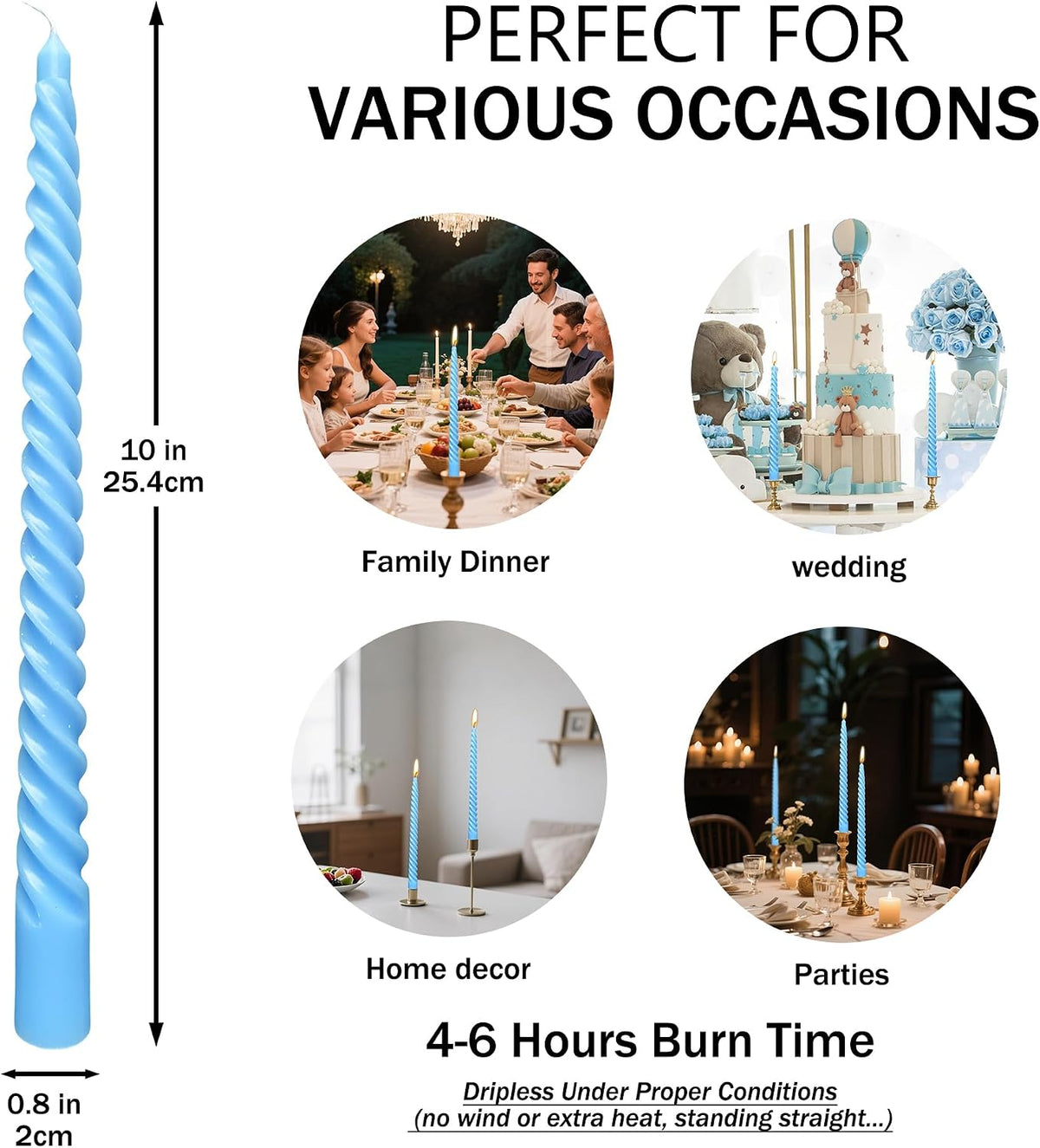 10 Inch Sky Blue Taper Candle Set, 10 Pack Unscented Dripless Candlesticks for Family Dinner Parties Home Decoration Picnic