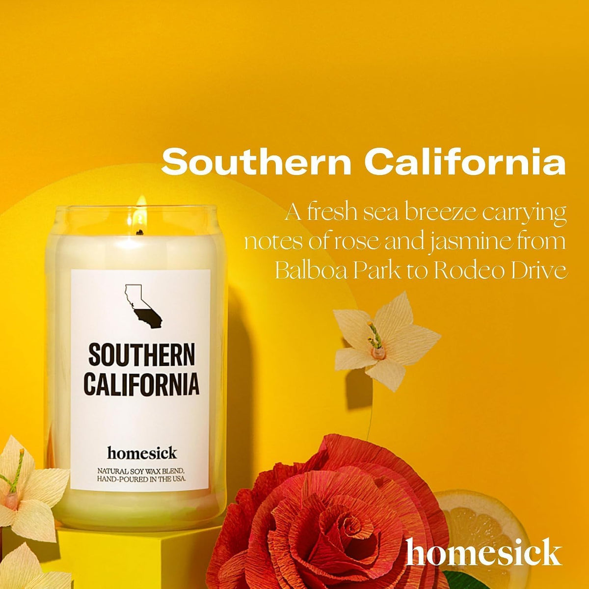 Homesick Scented Candles for Home (Southern California) - 13.75 oz Long-Lasting Soy Wax Jar Candle for Women & Men for All Occasions, 60-80 Hours Burn Time - Notes of Orange, Lemon & Rose