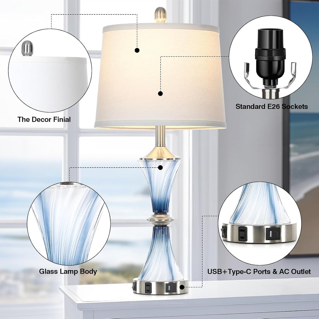 Rinweey Blue Glass Table Lamp with USB C+A Ports & AC Outlet,Coastal Bedside Lamp for Night Stands Bedroom Living Room,Nightstand Lamp LED Bulbs Included,Single Blue