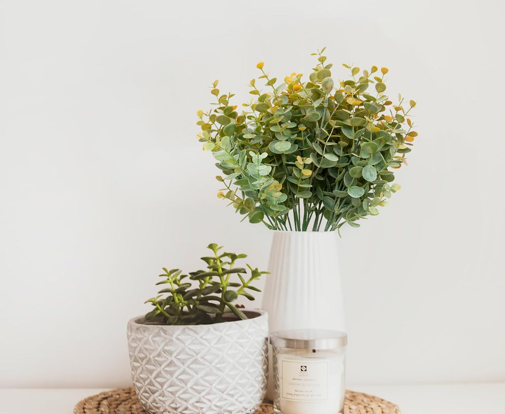 5Pcs Artificial Eucalyptus Stems，Artificial Greenery Fake Dust Frosted Eucalyptus Branches Leaves，Fake Plants for Decoration(Dusty Orange-13.8 in)