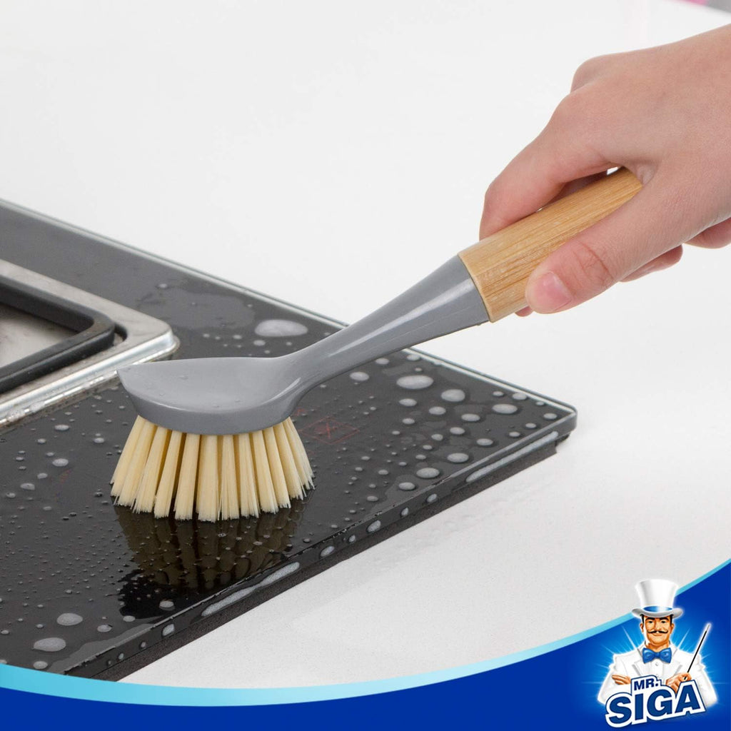 MR.SIGA Dish Brush with Bamboo Handle Built-in Scraper, Pack of 2