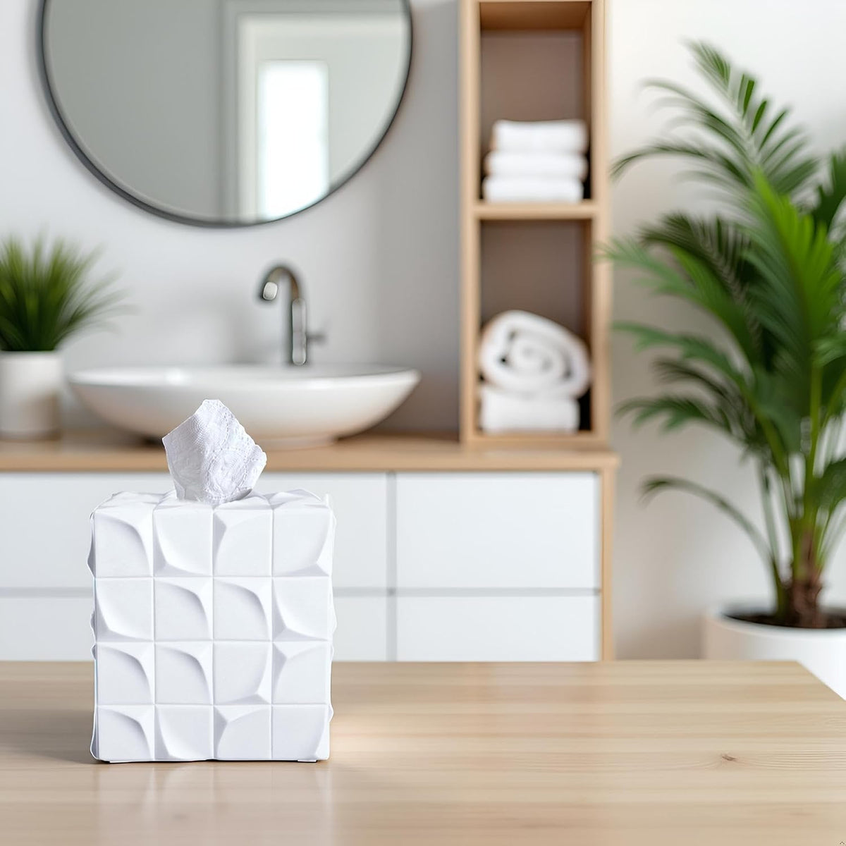 Square Tissue Box Cover Decorative Kleenex Box Holder for Bathroom & Living Room with Handcrafted Texture (White)