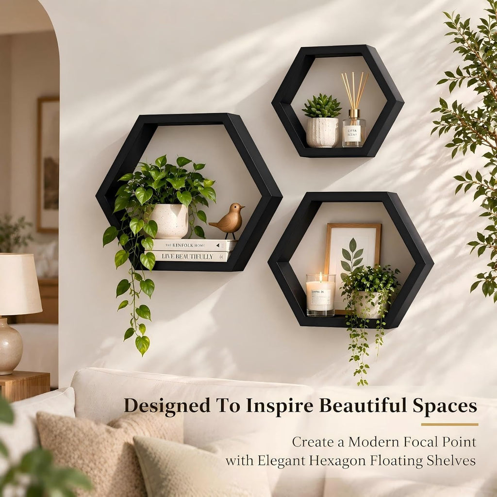 AHDECOR Wall Mounted Hexagon Floating Shelves, Wooden Wall Organizer Hanging Shelf for Home Decor, Set of 3, Black