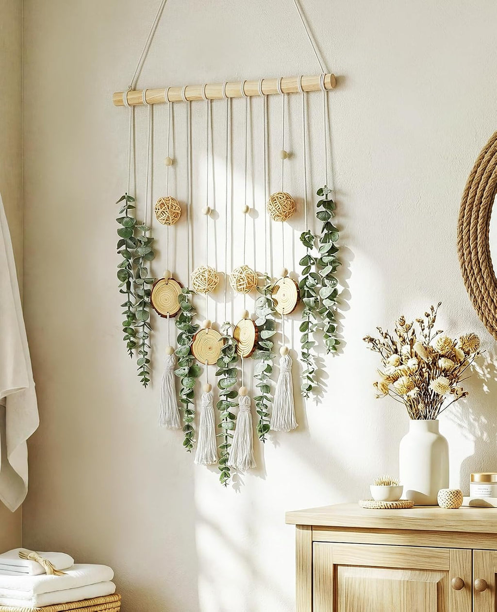 Fake Hanging Eucalyptus Wall Decor with Fake Greenery Leaves, Stems, and Wicker Ball, Artificial Eucalyptus Wall Hanging for Bathroom, Living Room, Bedroom Decor (24" L x 16" W)