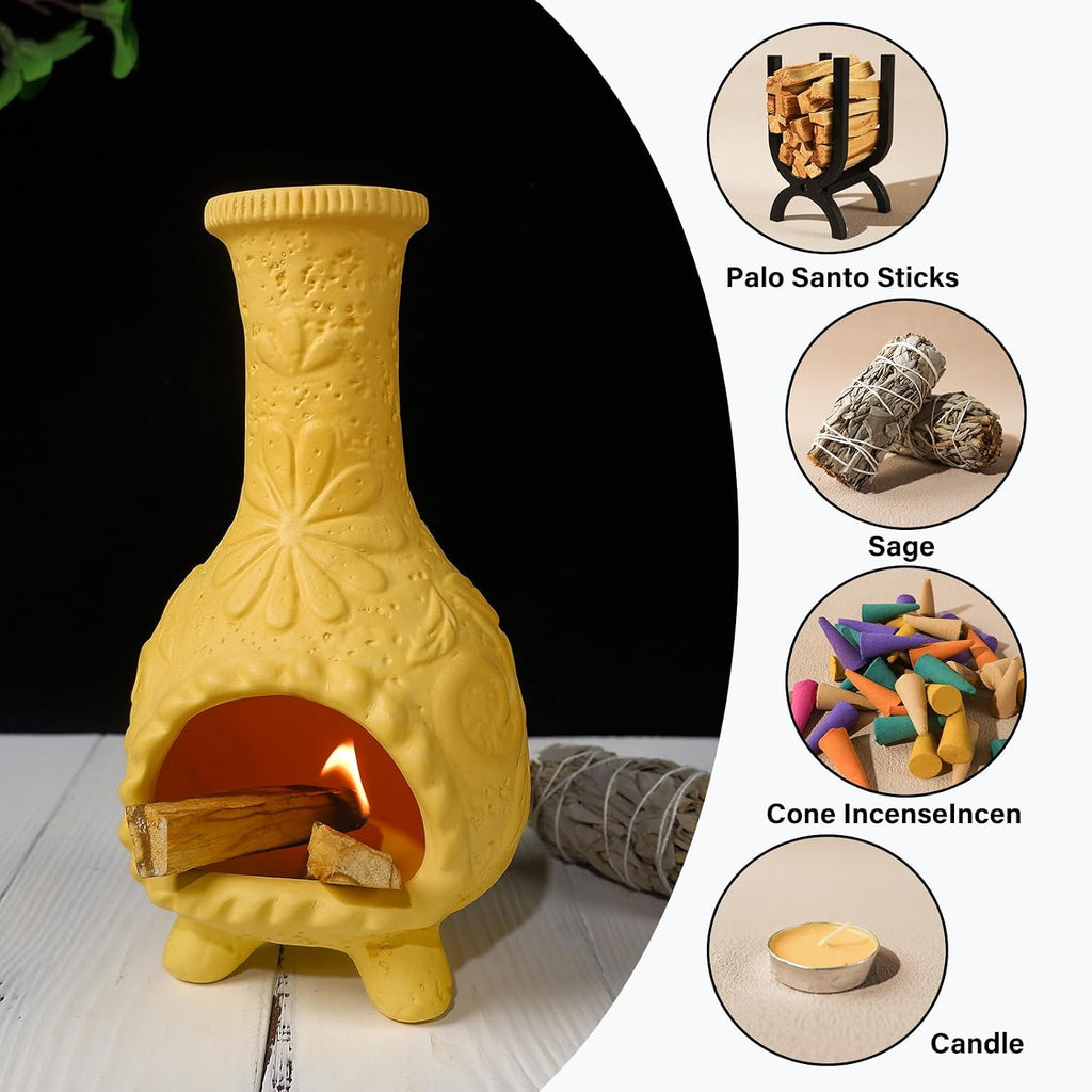 Yellow Floral Palo Santo Chiminea,Smudge Stick-Incense Cones Burner Holder