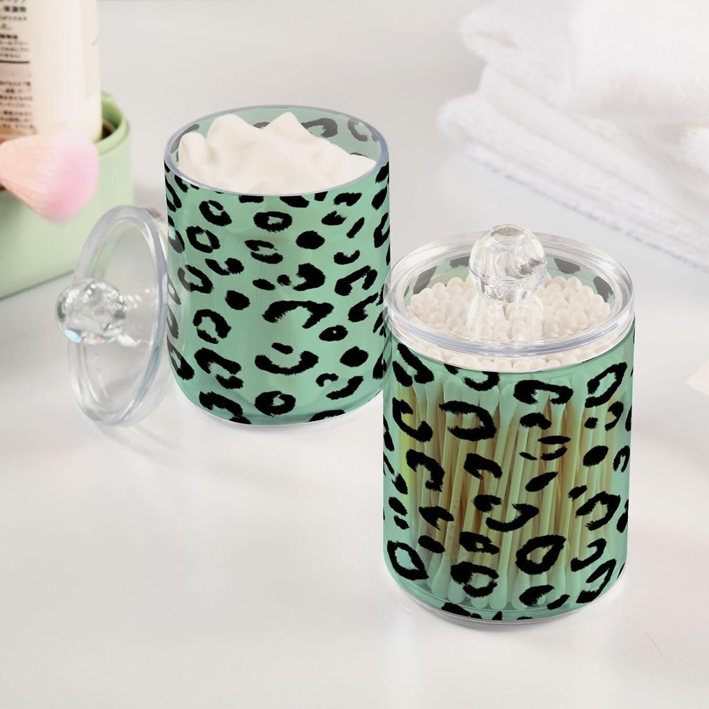Green Black Leopard Print Qtip Holder Acrylic for Cotton Ball Swab 2 Packs