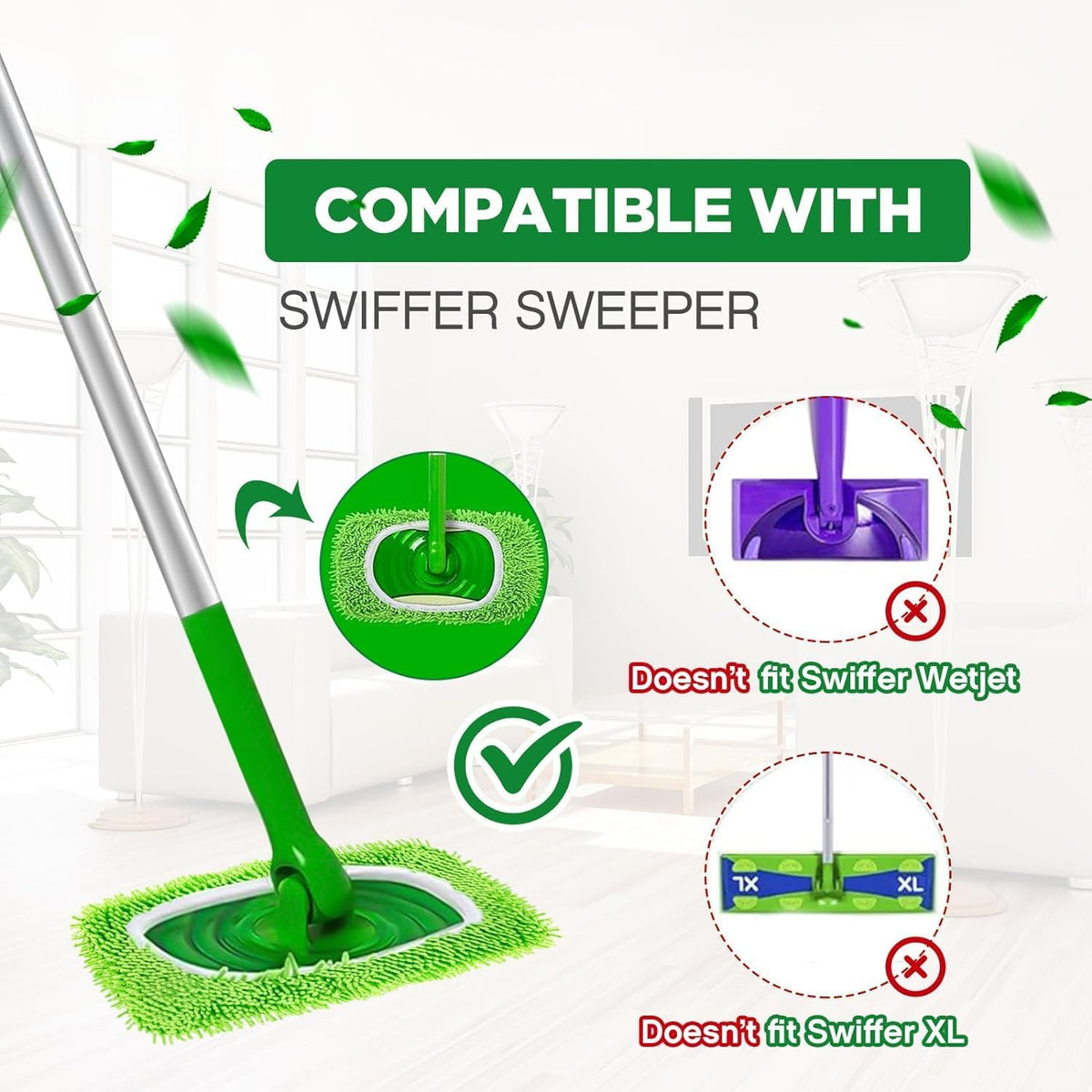 Reusable Microfiber Mop Pads for Swiffer Sweeper(Green 6pcs)