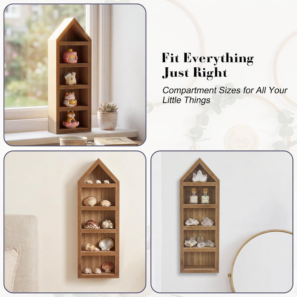 House Shaped Shadow Box with Removeable Shelves,Carbonized,4x12