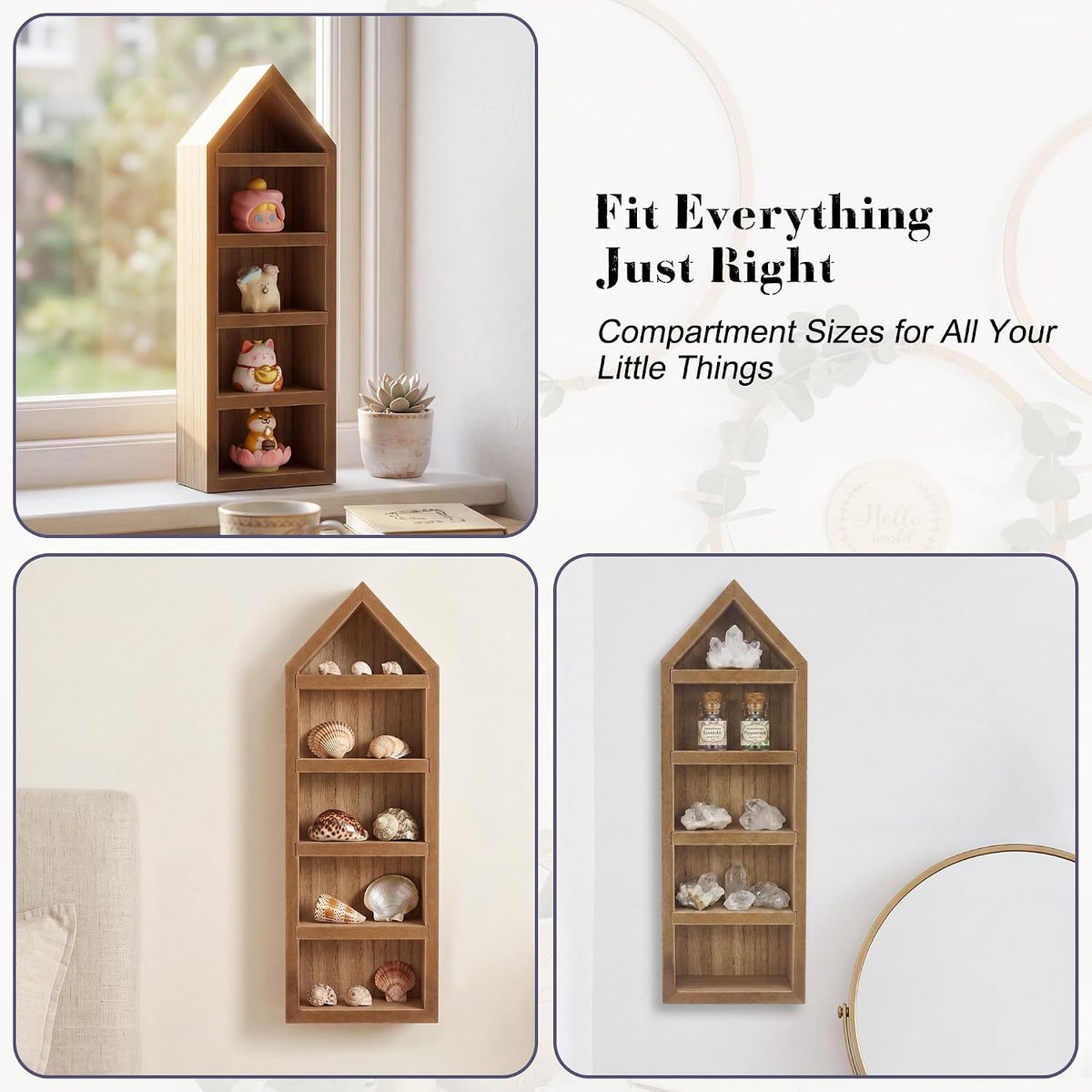 House Shaped Shadow Box with Removeable Shelves,Carbonized,4x12