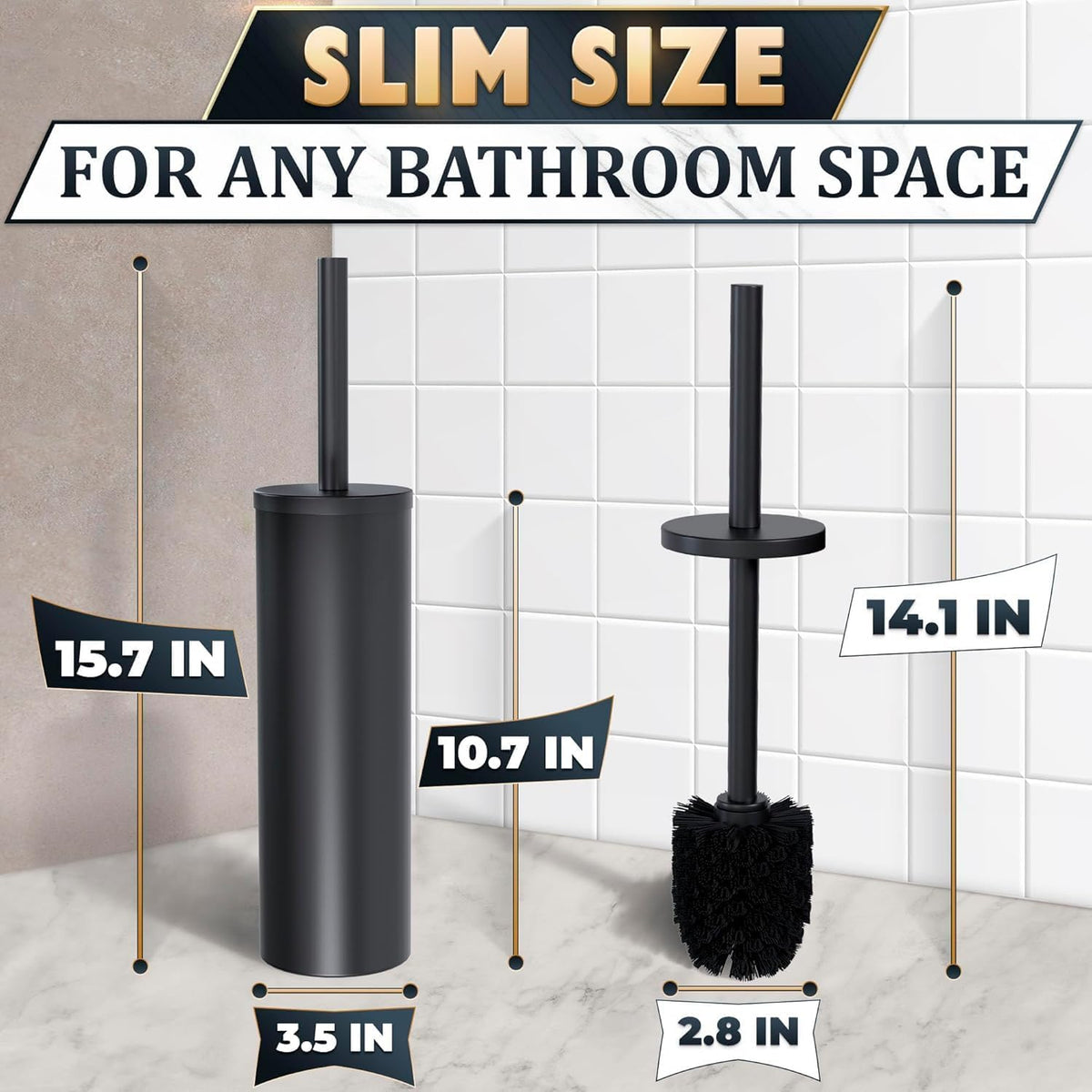 Black Toilet Brush and Holder Set, Freestanding, Splash Protection