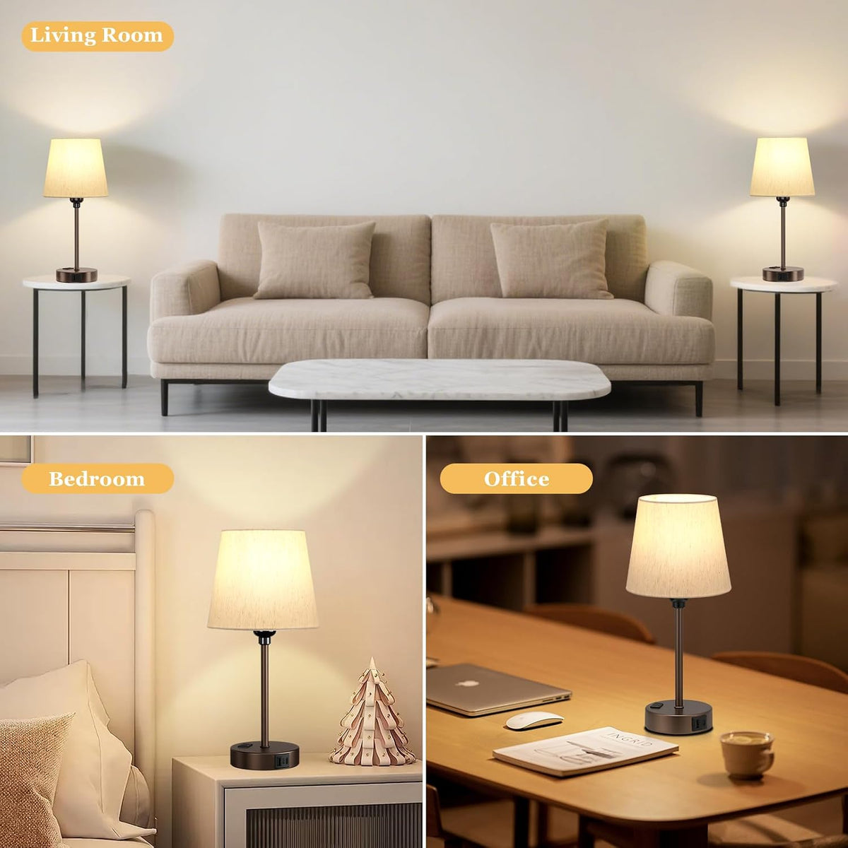Brown Bedside Lamps Set 2 for Bedroom - Dimmable Touch, USB C+A, AC Outlet