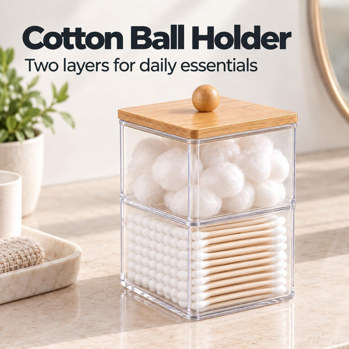 Cotton Ball Holder, Bamboo Lid, Double Layer, Stackable