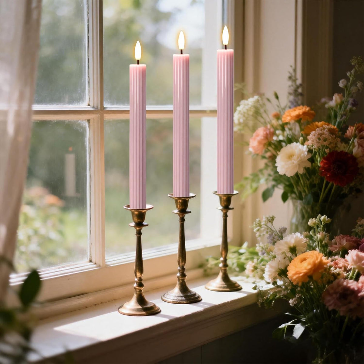 Pink Flameless Taper Candles Battery Operated with Remote Timer