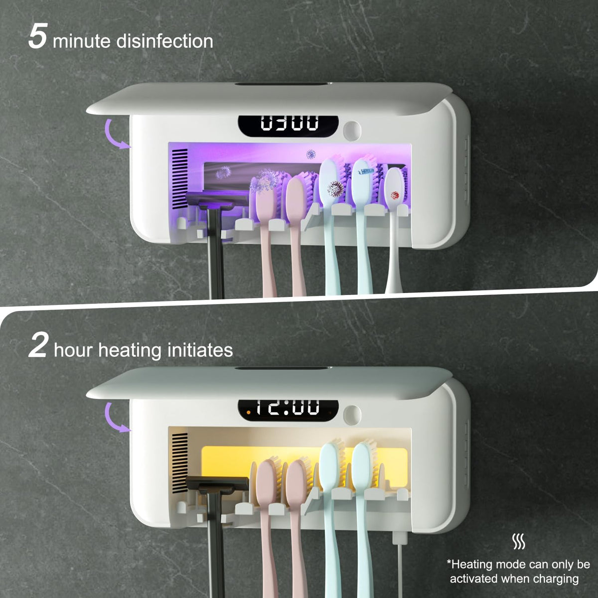 UV Toothbrush Sanitizer and Holder for Bathroom, 5 Toothbrush Slots for Family with Fan and PTC Heat Drying, Type-C Charging, No-Drill Wall Mount