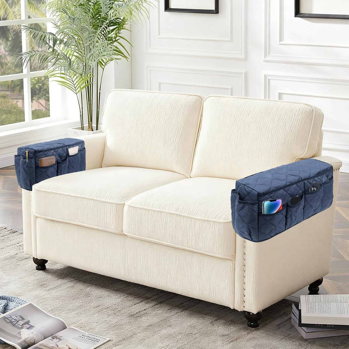 Remote Control Holder for Armchair, TV Remote Holder Arm Chair Caddy for Recliner, Non-Slip Couch Caddy Recliner Arm Caddy Sofa Armrest Organizer with 14 Pockets for Phone, Magazine, Navy Blue
