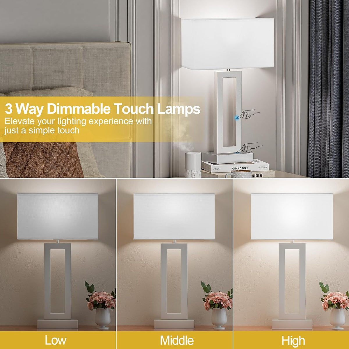 Seealle 22" Tall Bedroom Lamps for Living Room - Touch Brushed Nickel Bedside Lamps with USB C+A, 3 Way Dimmable Lamp for Nightstand, Modern Night Stands Lamps for End Tables(White&Silver)
