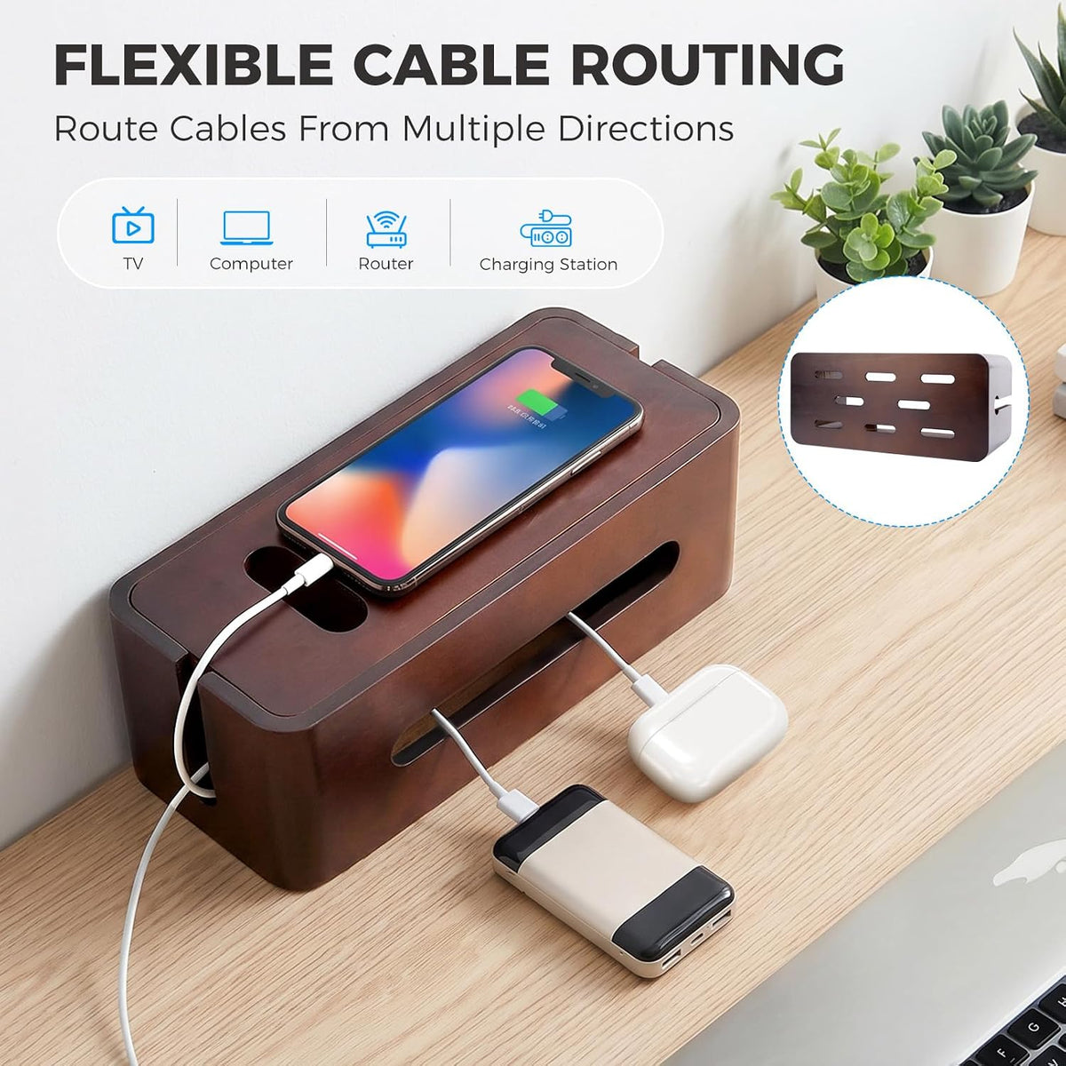 Large Wooden Cable Management Box, Cord Organizer for Power Strip, Surge Protector & Chargers, Ventilation Holes & Multi Cable Slots, Wire Hider for Desk, TV, Office & Gaming Setup