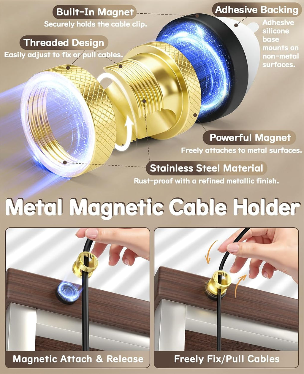 Maveek Magnet Cable Clips, Knurled Metal Desk Cord Organizer, 4 Pack, Gold