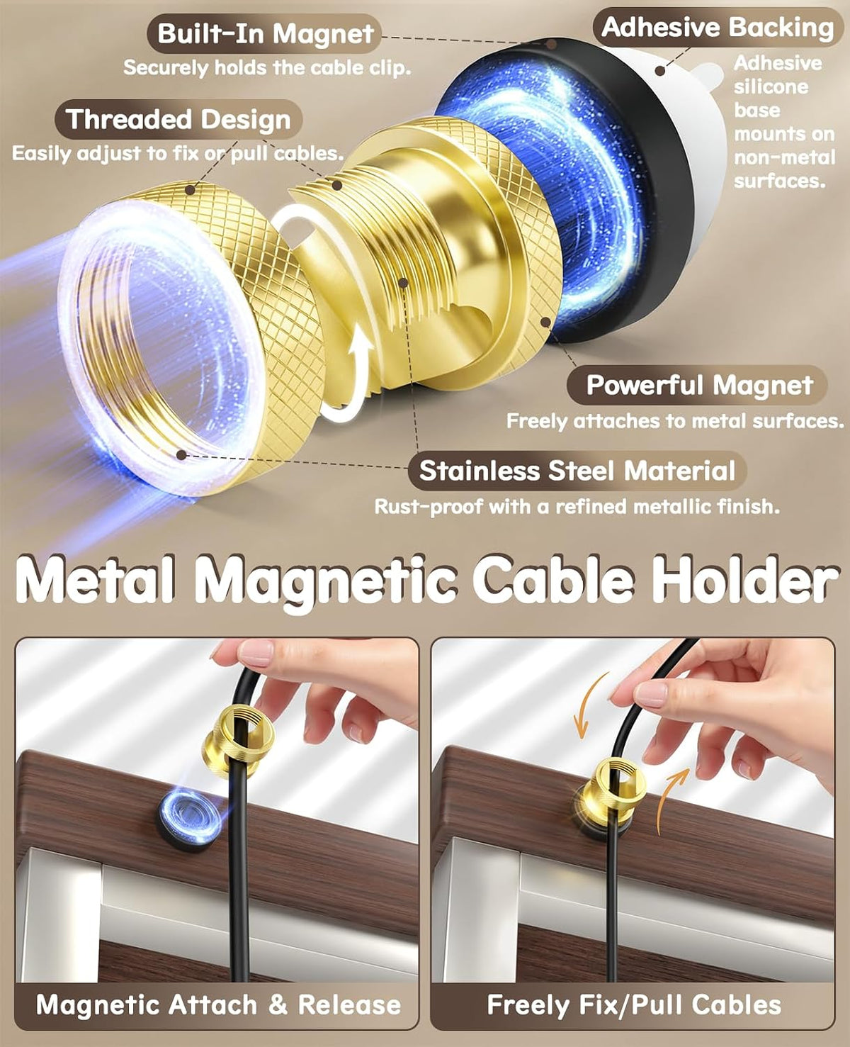 Maveek Magnet Cable Clips, Knurled Metal Desk Cord Organizer, 4 Pack, Gold