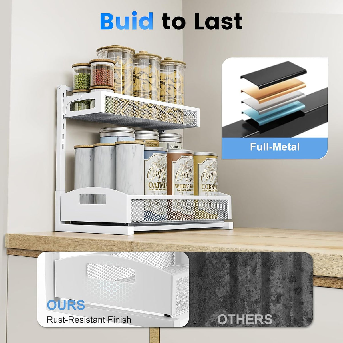 Petiza Metal Under Sink Organizer, Pull Out Cabinet Organizer Rack with Silk-Smooth Bottom Drawer, 5-Level Adjustable, Multi-Purpose Storage Shelf for Bathroom, Kitchen, Vanity, Pantry (2-Pack)
