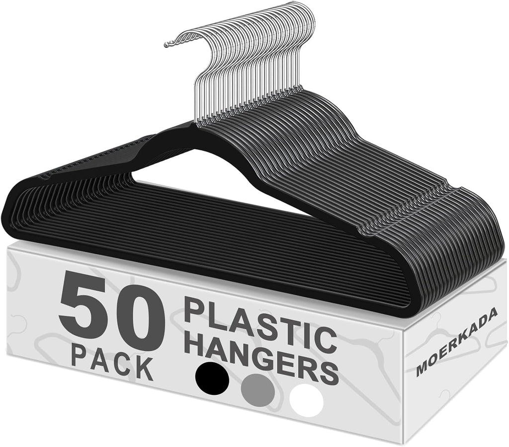 50 Pack Slim Plastic Clothes Hangers, Black