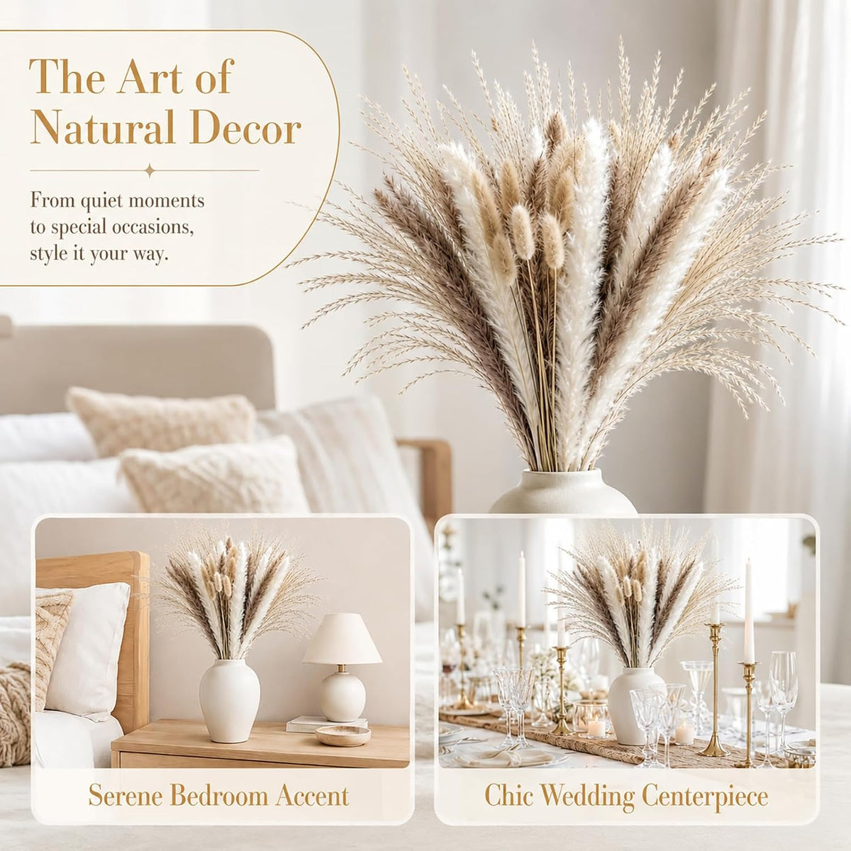 Pampas Grass Boho Bouquet Dried Flowers Bouquet for Vase Home Decor Bouquet Phragmites Dried Flowers Bouquet for Living Room Decorations, Wedding Table Décor, Table Centerpiece
