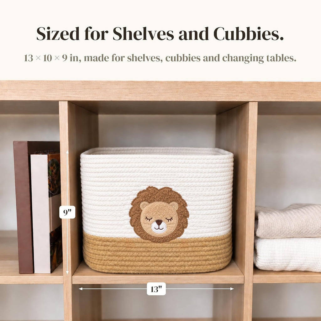 Lion Baby Storage Basket, Woven Cotton Rope Nursery Bin, 13x10x9 in