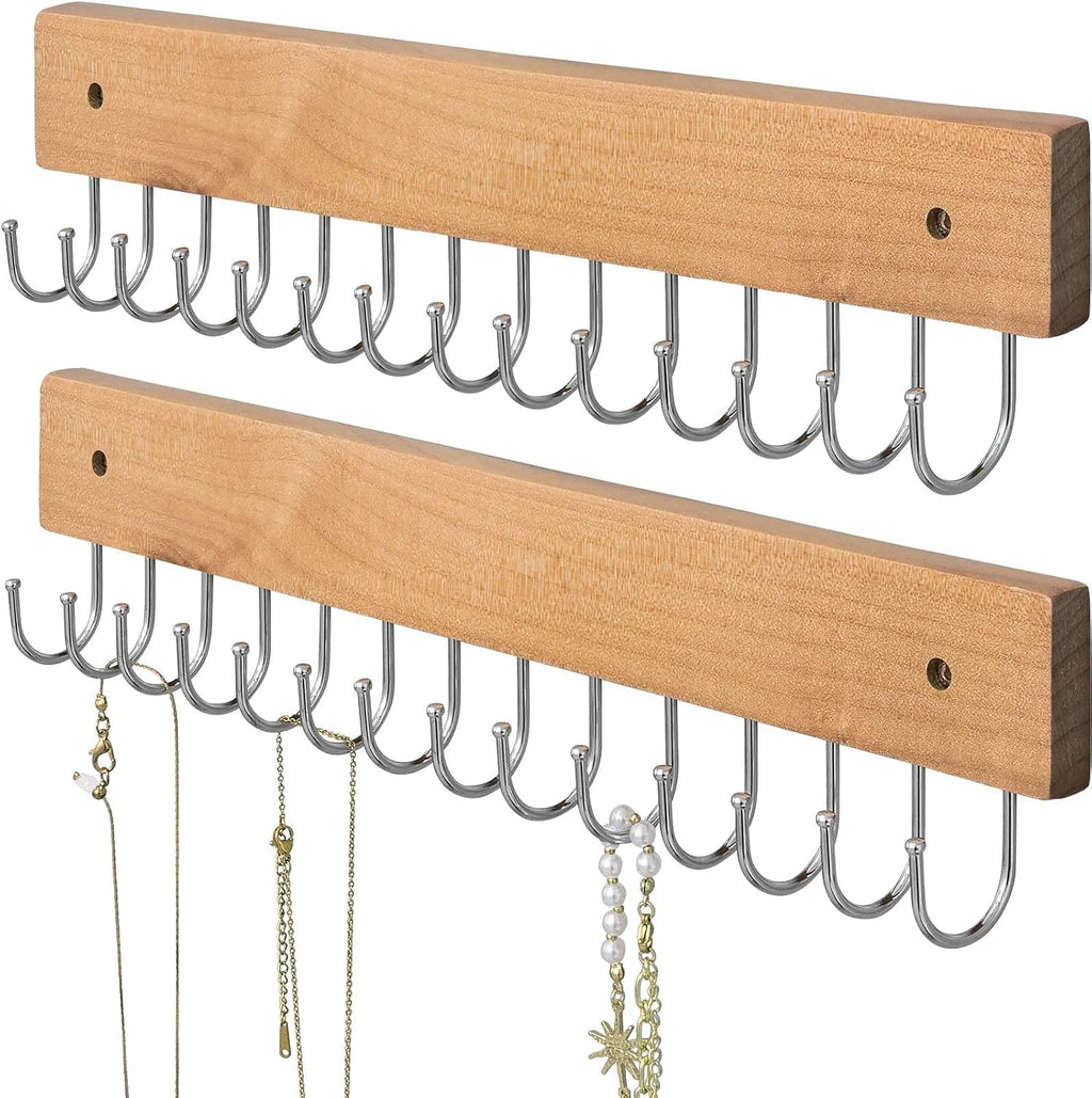 SCUNDA Wall Mounted Necklace Holder, Farmhouse Style Necklace Holder, Tangle Free Wall Jewelry Organizer with 28 Hooks(2 Packs,Natural)