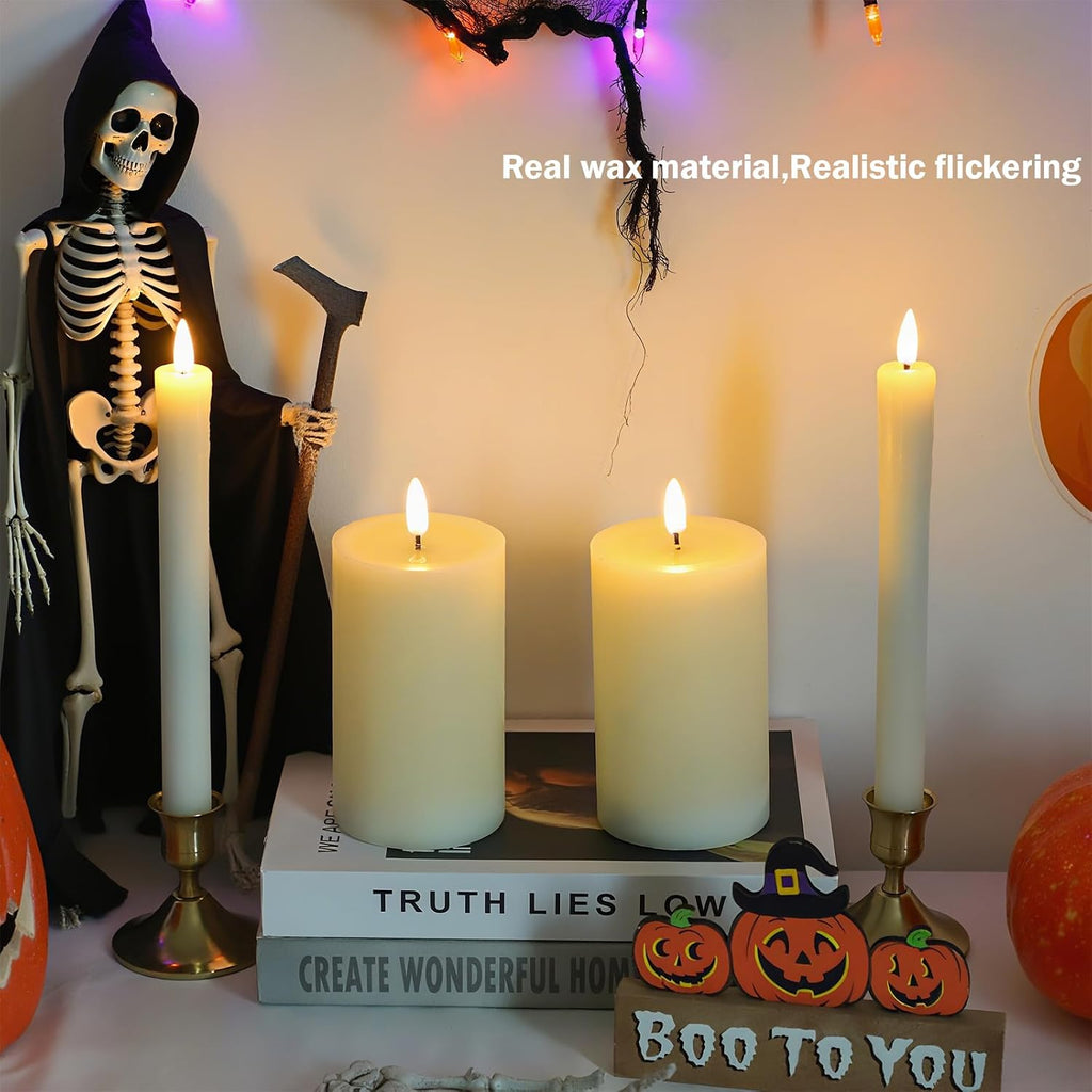 Real Wax LED Flameless Candles with Remote Timer, 4 Pcs Ivory Battery Operated Window Candle with 3D Flickering Flame for Fireplace Xmas Halloween Wedding Decor (9.5" Taper & 5" Pillar)