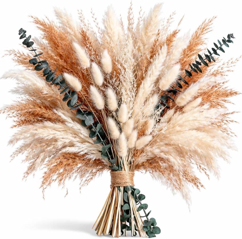 Dried Flower Bouquet - Pampas Grass, Bunny Tails, Olive Green Eucalyptus & Preserved Flowers - Boho Chic Home Decor, Rustic Wedding Centerpiece, Farmhouse Style Arrangement (Vase Not Included)