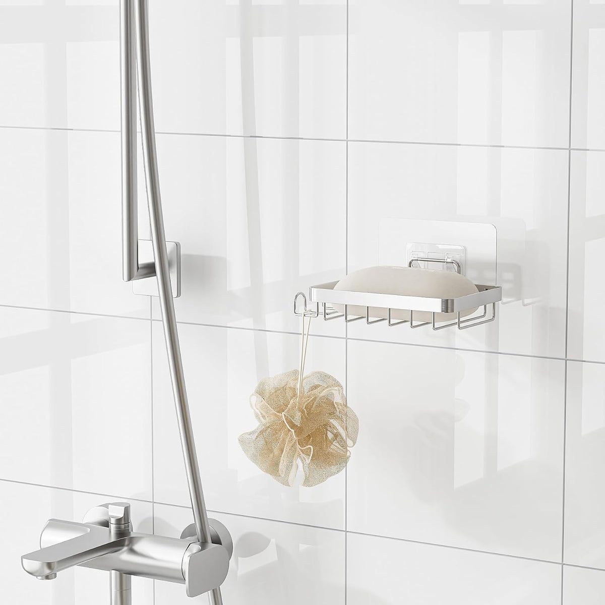 Stainless Steel Adhesive Soap Bar Holder for Shower Wall with 2 Hooks