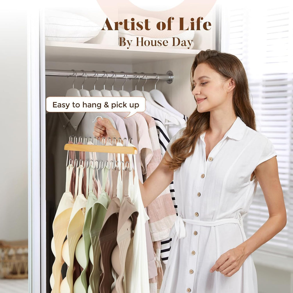HOUSE DAY Closet Organizers and Storage, Tank Top Hangers, Rotatable Bra Organzier for Closet, Max 24 Storage Capacity Sport Bra Holder, Wood Space Saving Hanger 1 Pack - Dorm Room Essentials