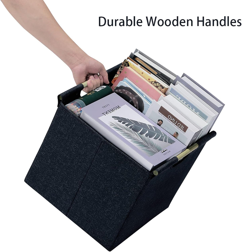 HOONEX Collapsible Storage Bins, 12x12x12in Storage Cubes Linen Fabric, 3 Pack, Storage Baskets with Wooden Carry Handles and Sturdy Heavy Cardboard, for Home, Office, Car, Nursery, Dark Grey