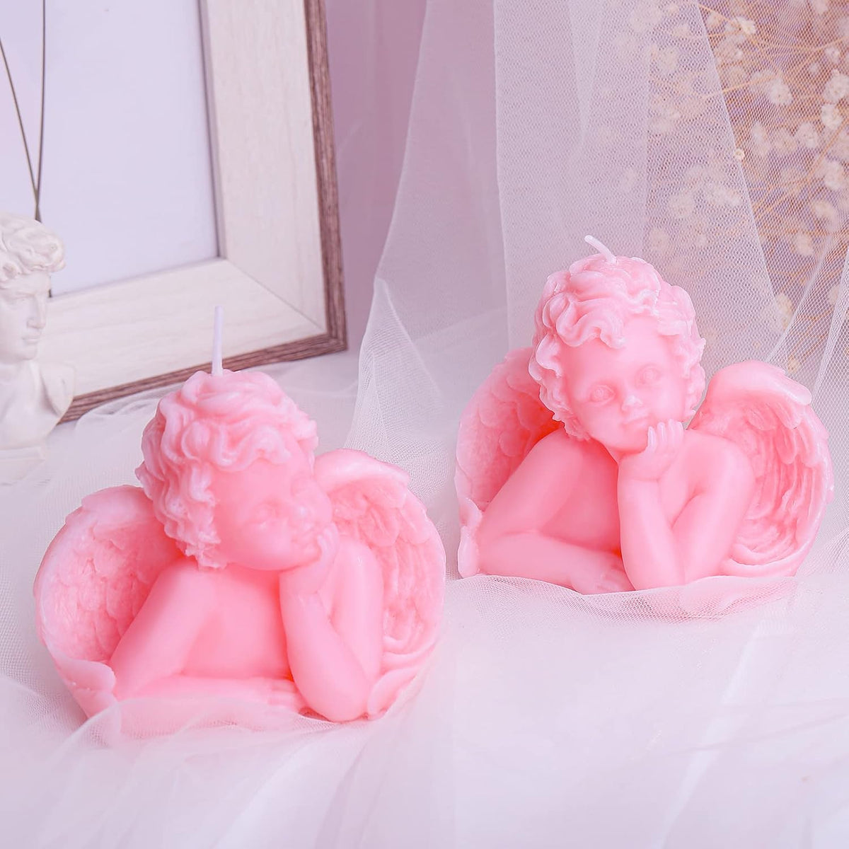 Nuanchu Eclectic Angel Decor - 2 Pieces Soy Scented Vegan Candle (White, Pink) for Girly Home Aesthetic & Trendy Bedroom Decoration