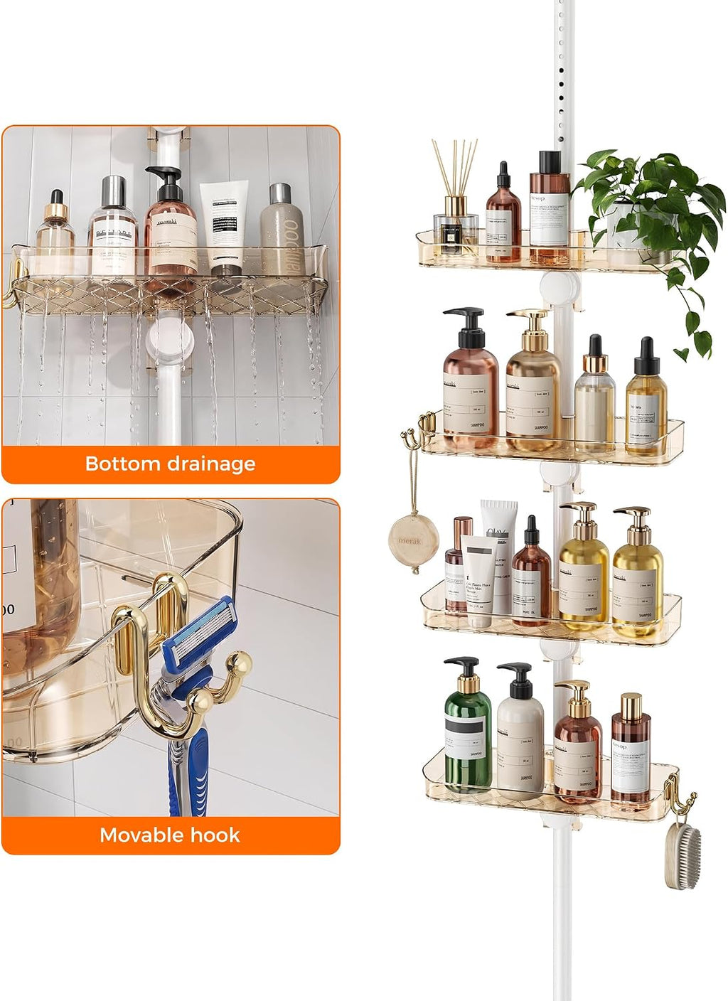 Shower Caddy Tension Pole, Bathroom Organizer Shelves, Amber