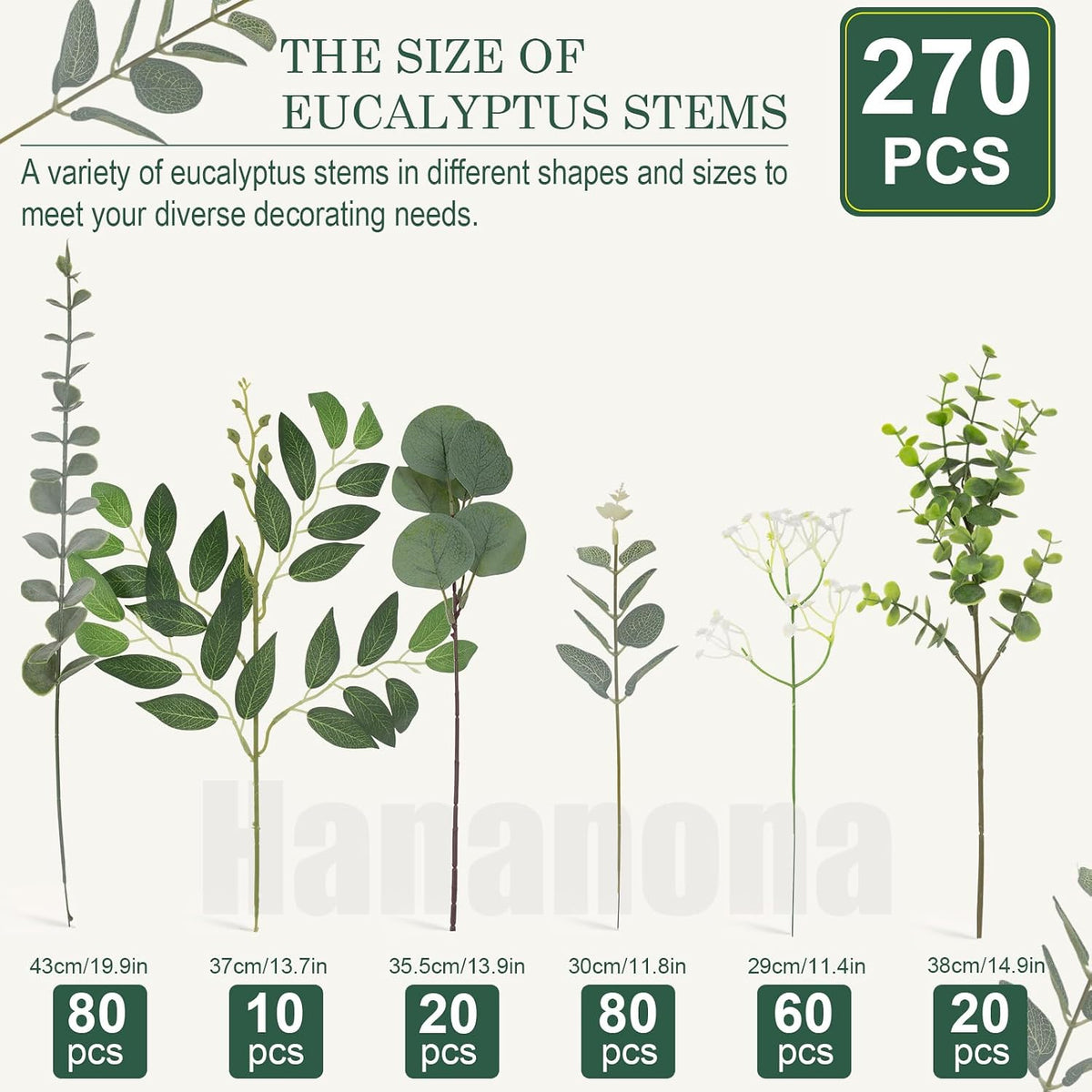 Hananona 270 Pcs Mixed Eucalyptus Leaves Stems Artificial Greenery Bulk