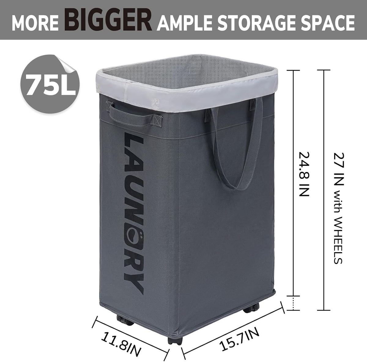 CHICVITA 75L Rolling Laundry Basket with Wheels 2-Pack, Wash Bags, Grey