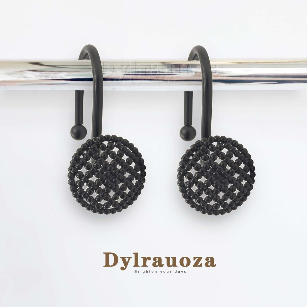 Black Shower Curtain Hooks, 12 Pack Modern 3D Beaded Decorative Shower Curtain Rings, Rust Proof Heavy Duty Metal Shower Hangers for Bathroom Rods