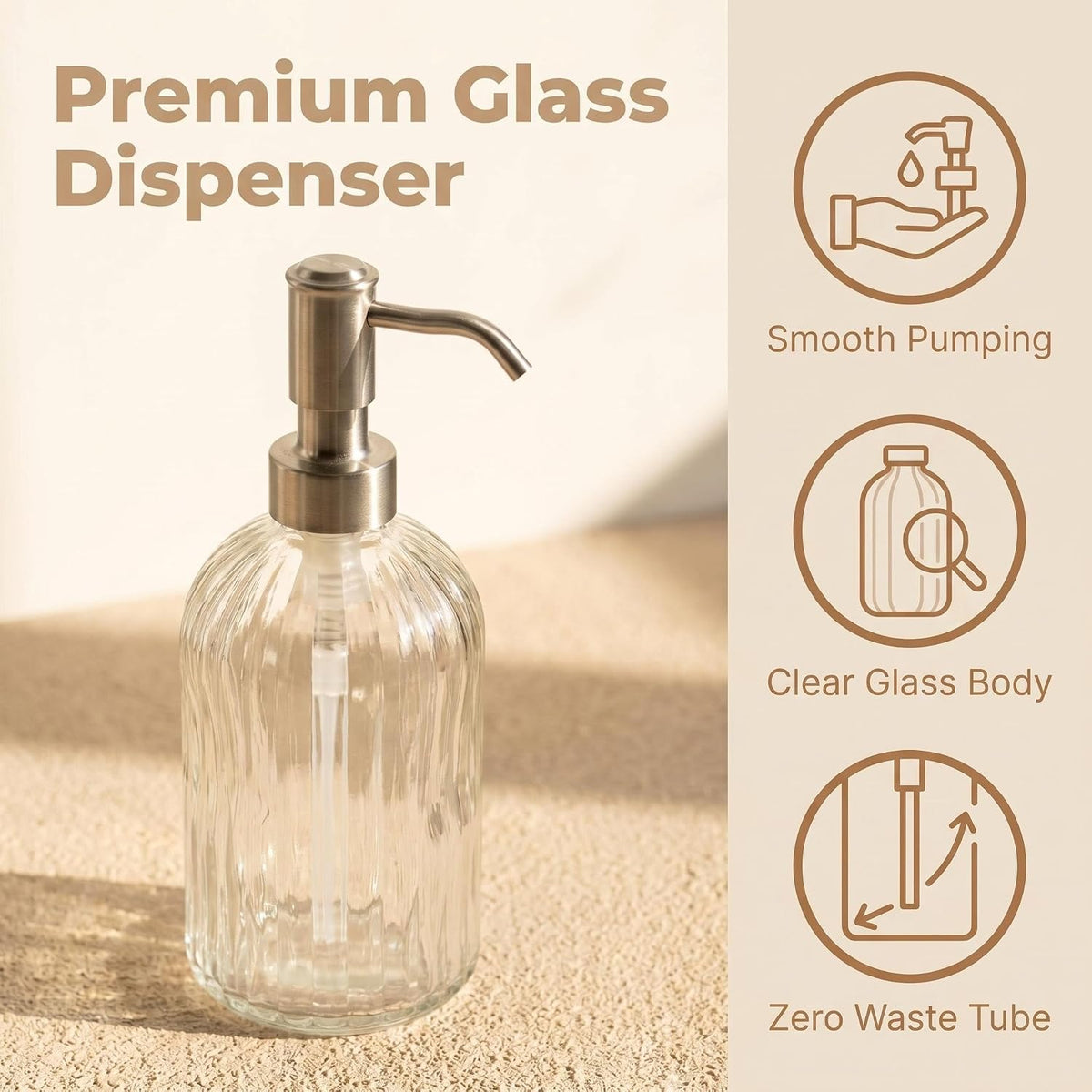 16 OZ Stripe Design Soap Dispense with 304 Rust Proof Stainless Steel Pump Glass Soap Dispenser Kitchen Soap Dispenser Bathroom