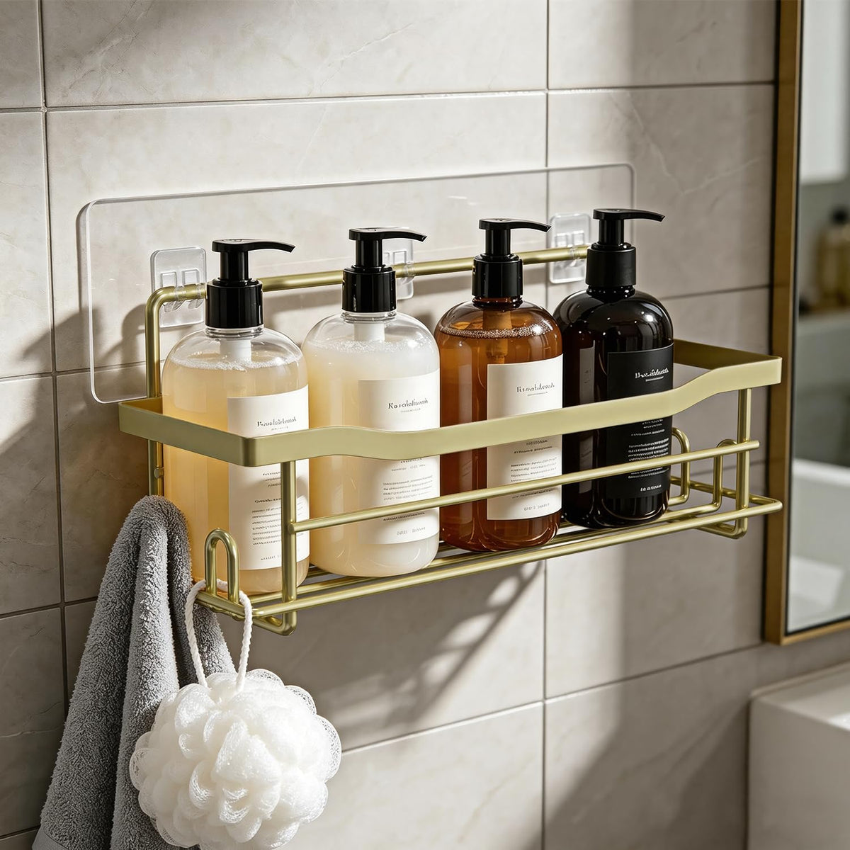 Shower Caddy Shelves Organizer Rack, Single Pack Shower Shelf, Caddies for Shampoo Soap Bathroom Waterproof Adhesive Holder, No Drilling Wall Mounted Self, Matte Gold