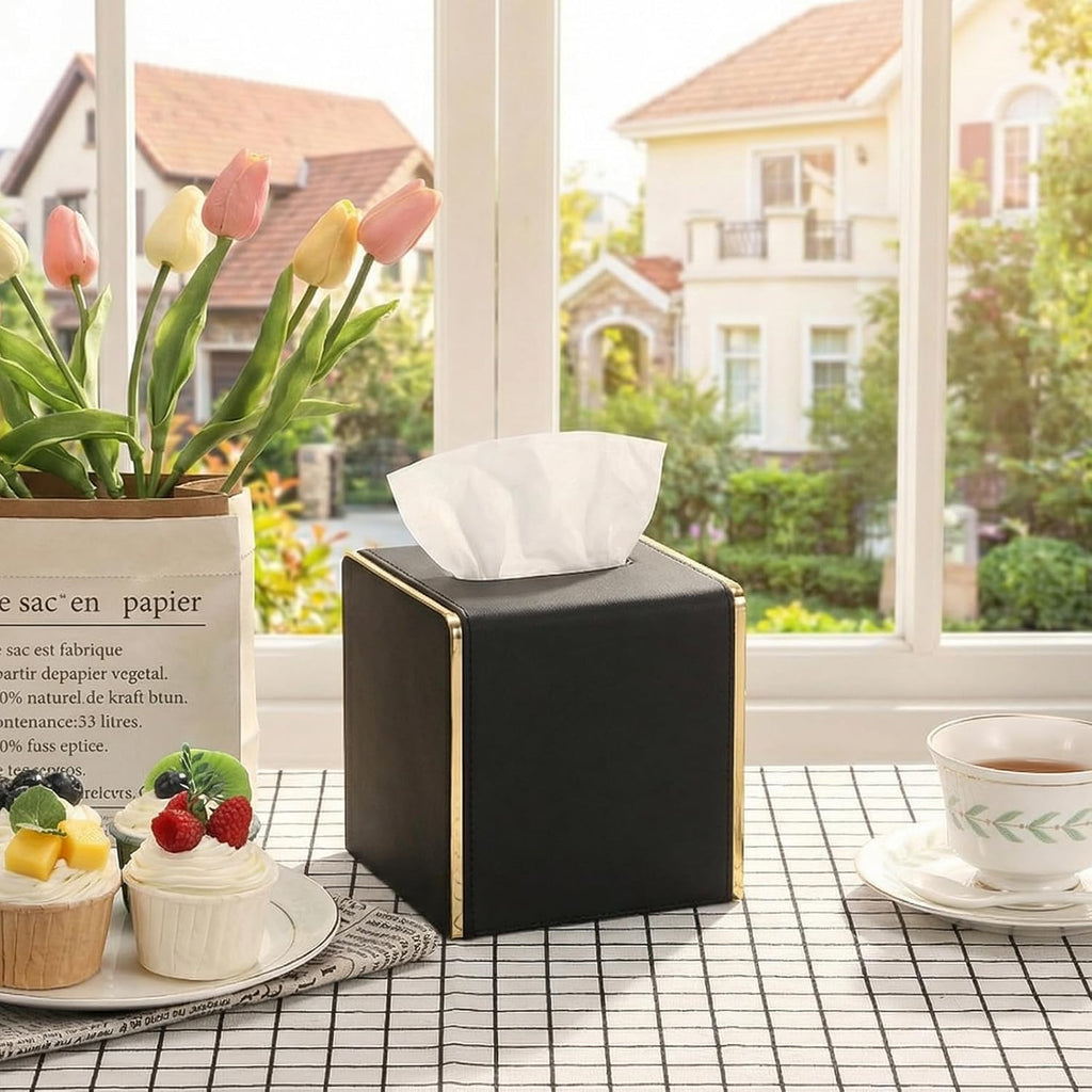 Sumnacon PU Square Tissue Box Cover, Magnetic Bottom, Waterproof, Black
