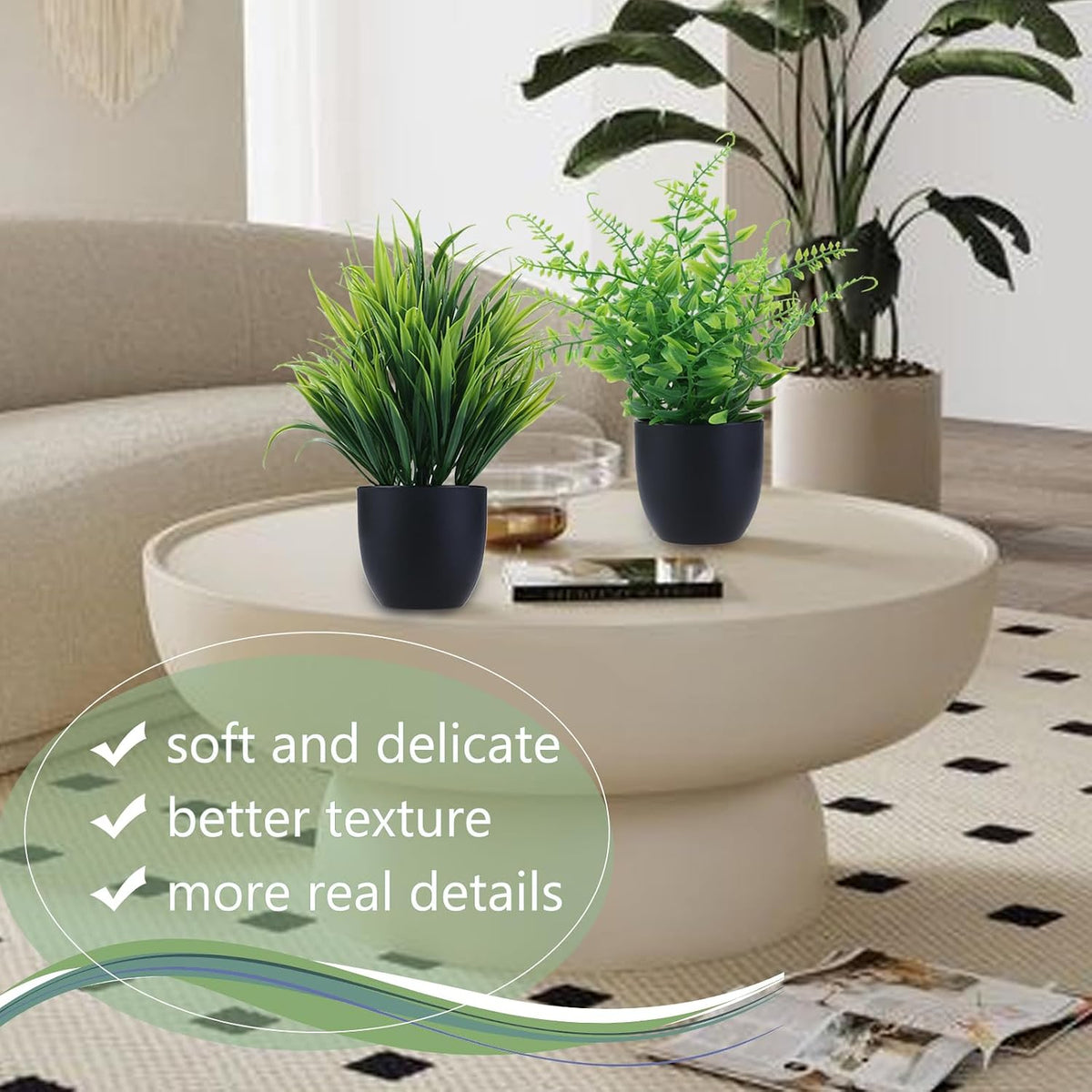 GREENTIME 2 Pack Fake Plants in Black Pot Small Artificial Plant