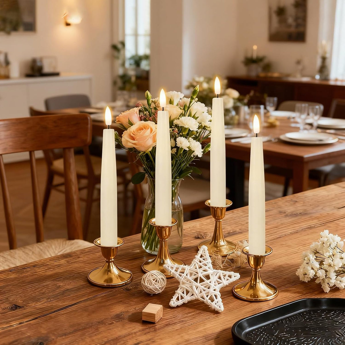 Flameless Taper LED Candles Battery Operated with Remote Timer, Ivory