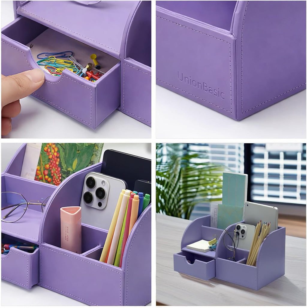 UnionBasic Desk Organizer - Multifunctional Leather Desktop Pen Holder Storage Box - Business Card/Pen/Pencil/Mobile Phone/Stationery Holder