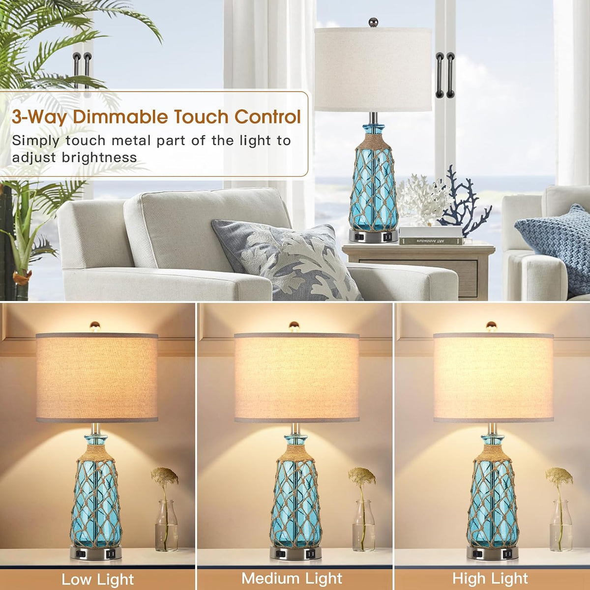Ruzectt Coastal Glass Table Lamps, 3-Way Dimmable Touch Control Bedside Lamps with 2 USB Ports and AC Outlet, Teal Nautical Nightstand Lamps for Bedroom Living Room (LED Bulbs Included)