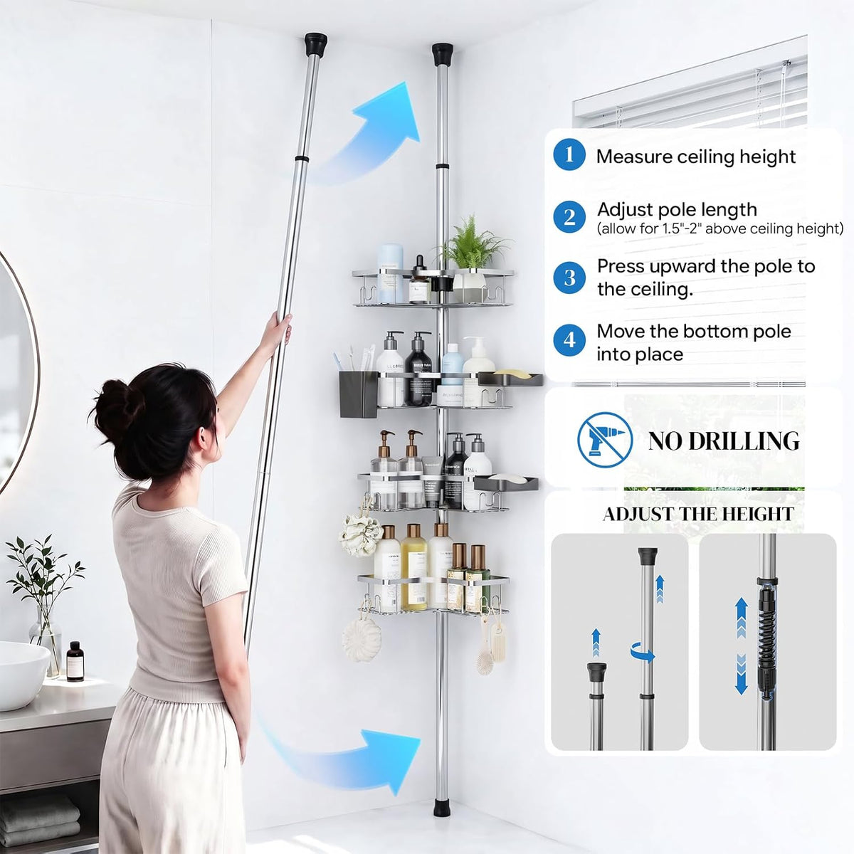 REINHARDT Corner Shower Caddy Tension Pole 4Tier Rustproof Organizer-Silver