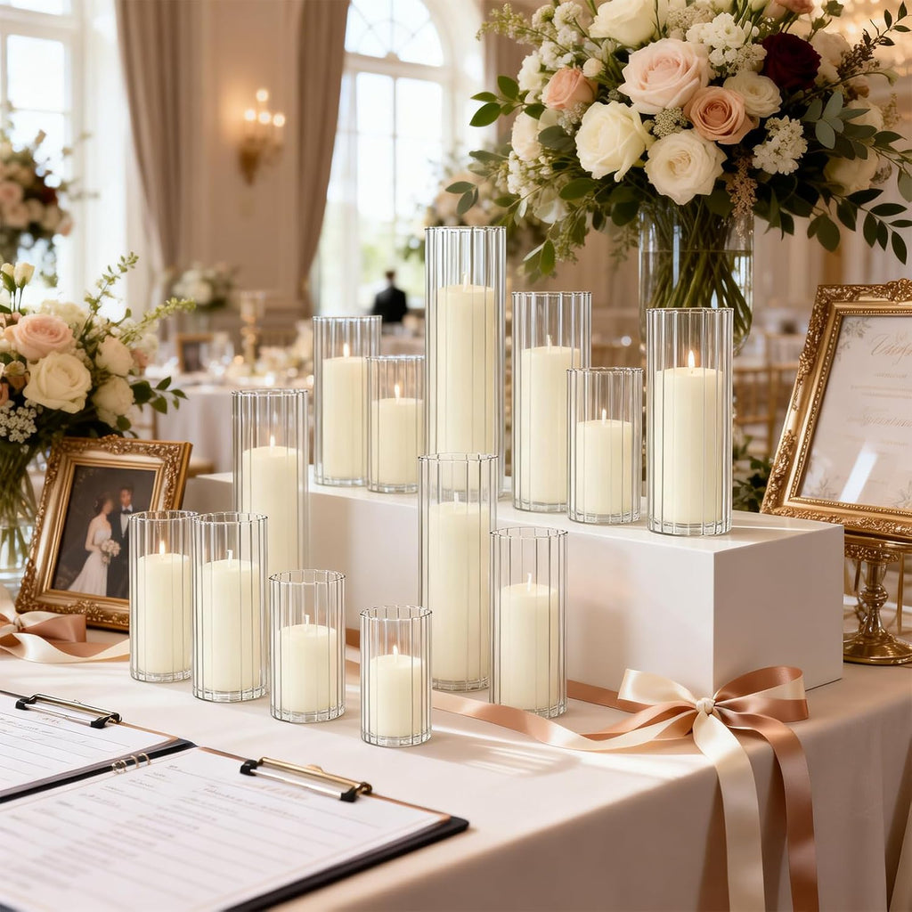 12 Pack Ivory Pillar Candles + 12 Pack Vertical Ribbed Clear Glass Cylinder Holders, Hurricane Candle Shades for Wedding, Home, Party Table Centerpieces Decor