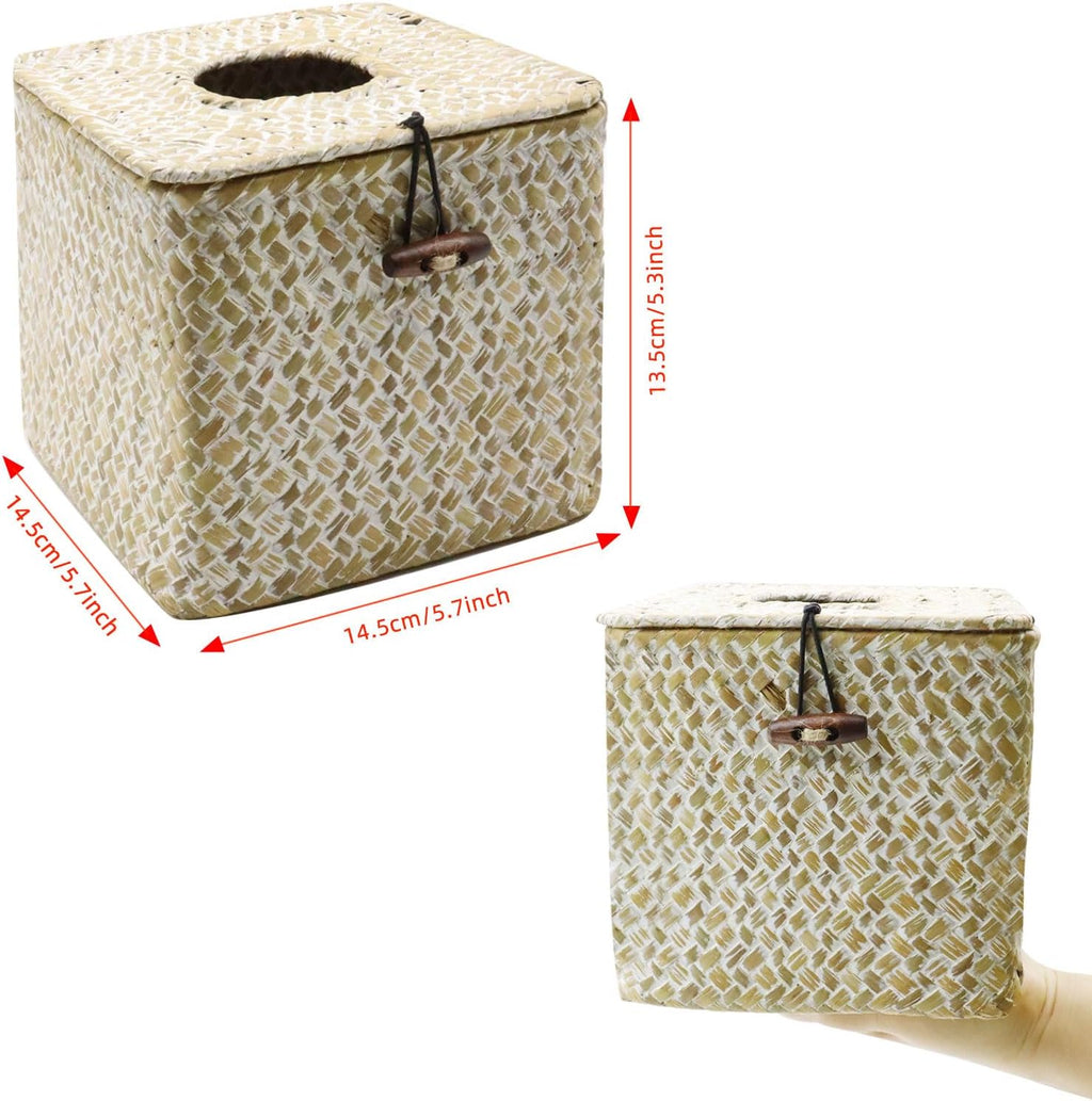 Seagrass Tissue Box Cover Square Tissue Box,Woven Tissue Box Holder with Lid,Rustic Tissue Cover for Bathroom Vanity Toilet Living Room Bedroom Kitchen Office Desk Car, Whitewash