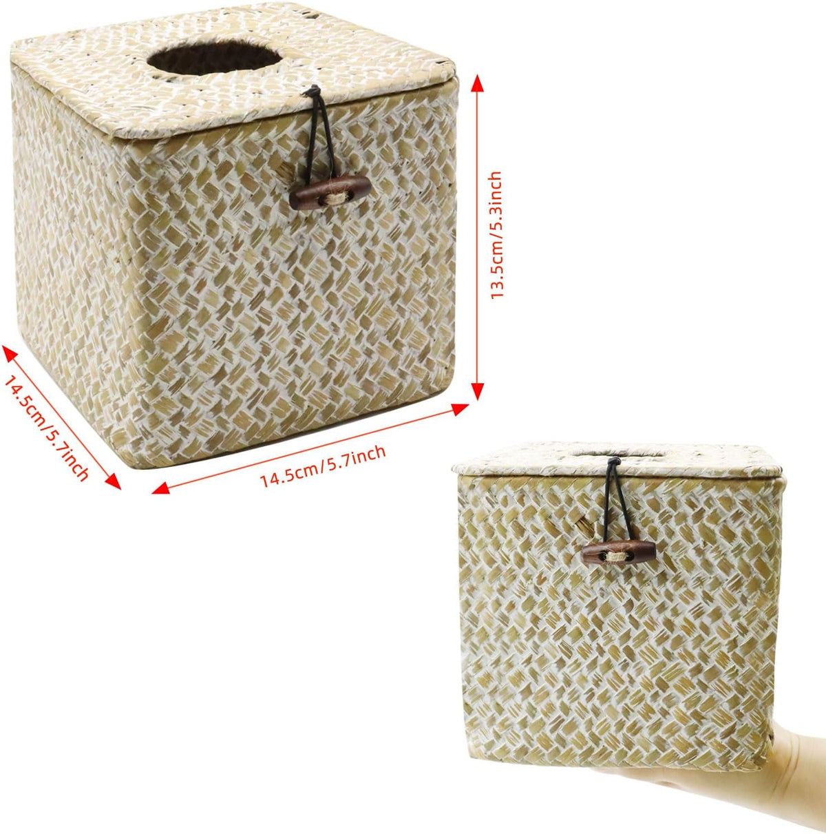 Seagrass Tissue Box Cover Square Tissue Box,Woven Tissue Box Holder with Lid,Rustic Tissue Cover for Bathroom Vanity Toilet Living Room Bedroom Kitchen Office Desk Car, Whitewash