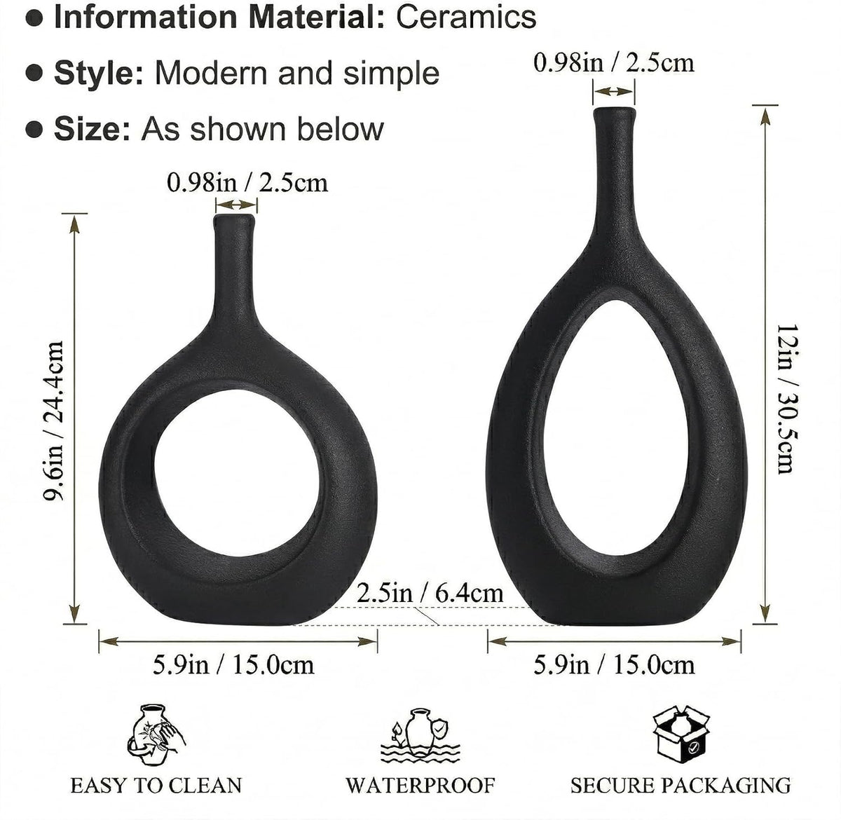 Black Ceramic Hollow Elliptical Vase Set of 2 - Boho Circle Vase with Hole, for Modern Black Table Decor, Living Room Decor Shelf mid Century Modern Home Entrance Decorative vase